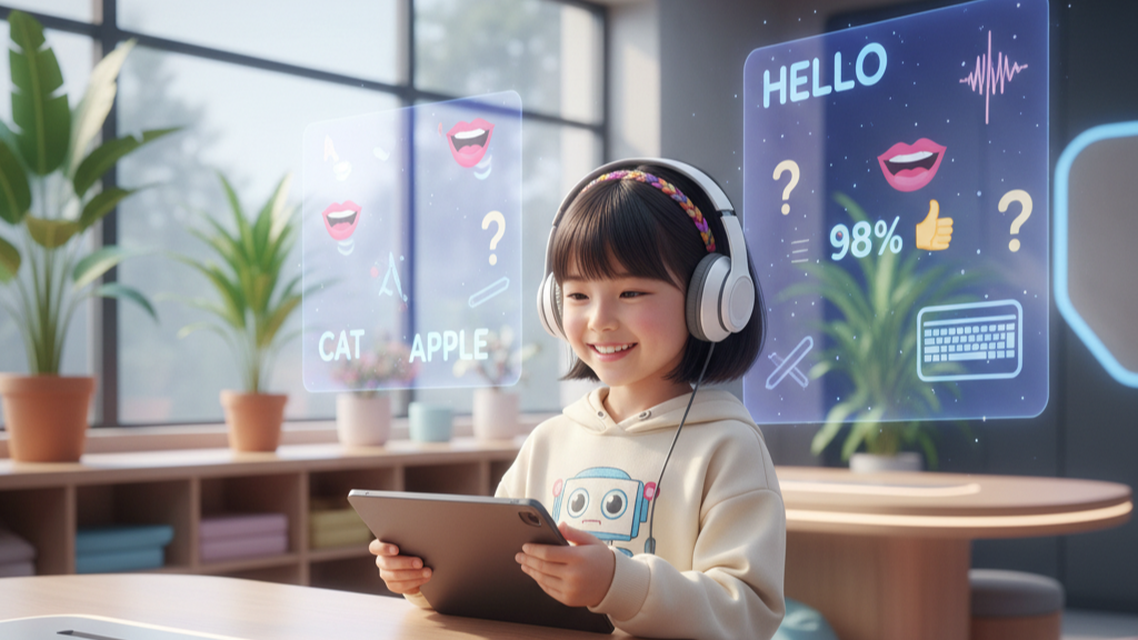 タブレットで英語を学ぶ子ども